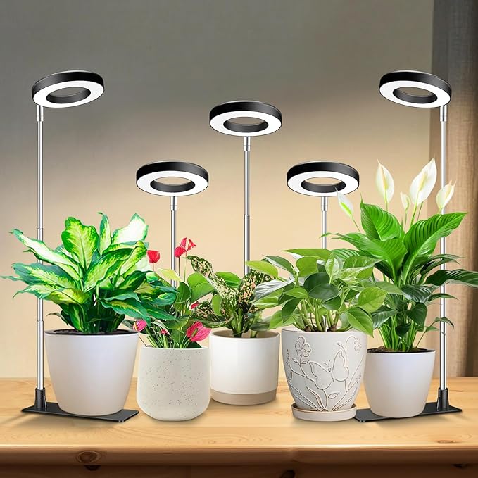Kullsinss 3.5in Halo Plant Lights for Indoor Growing, 48 LEDs Full Spectrum | Black Grow Light with Base, 6/12/16H Timer & Dimmable, 26in Height Adjustable, 5V Plant Lamp for Small Potted Plants, 5-Pack