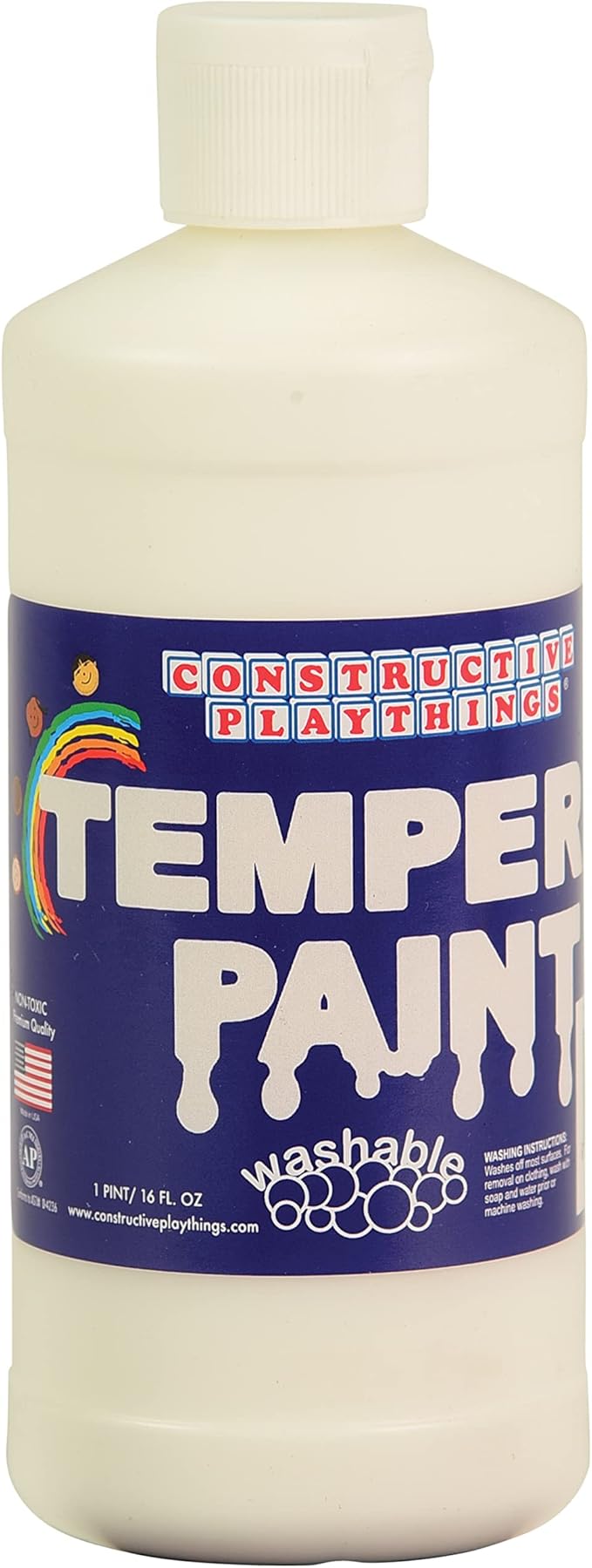 Constructive Playthings Washable Tempera Paint for Kids, Classroom Painting Supplies, 1 Pint, White