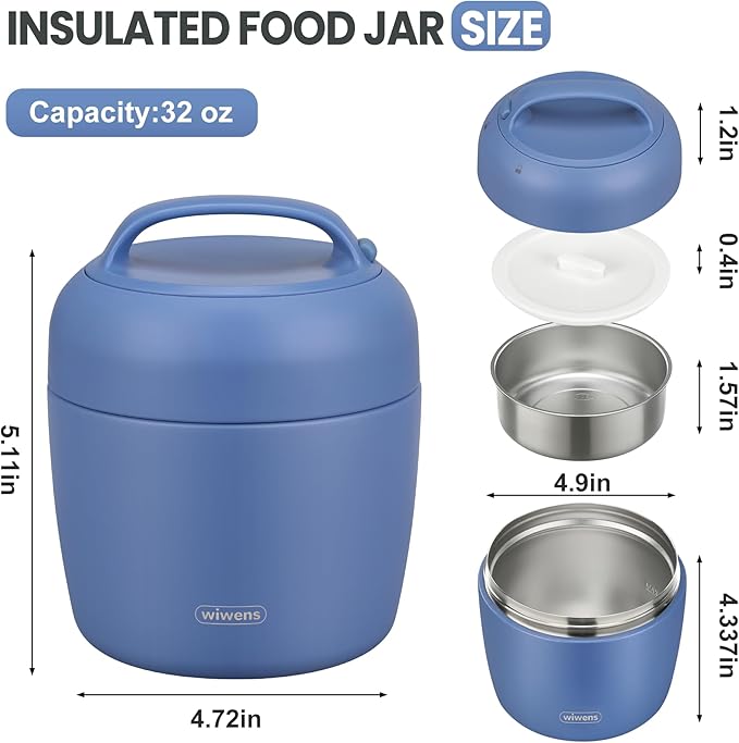 wiwens Thermo Food Jar for Hot Food Adults 32OZ Soup Thermo Lunch Containers Wide Mouth Vacuum Insulated Stainless Steel Leakproof Bento Box with Spoon