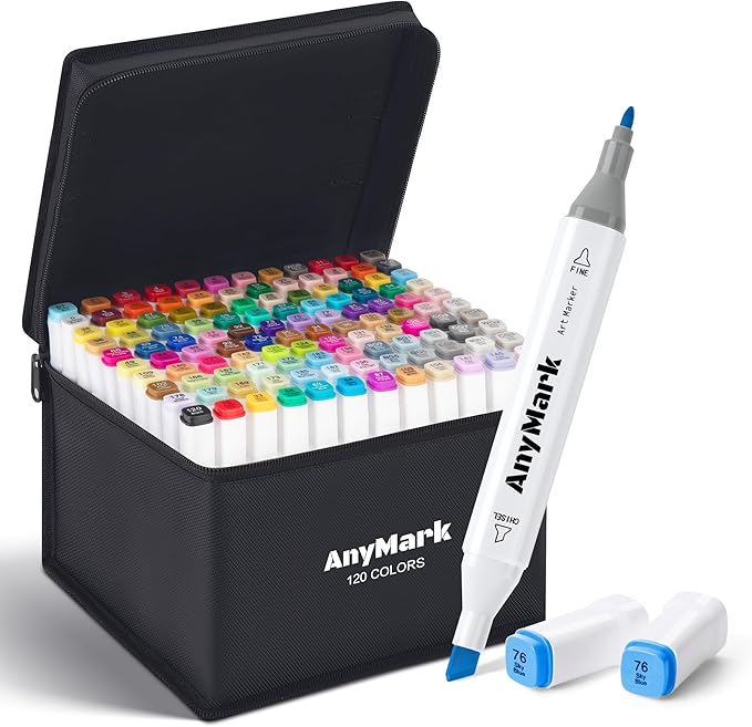 AnyMark Alcohol Markers, 120 Colors Dual Tip Art Coloring Markers Set for Adult Book Drawing Sketching Painting, Chisel & Fine, White Penholder