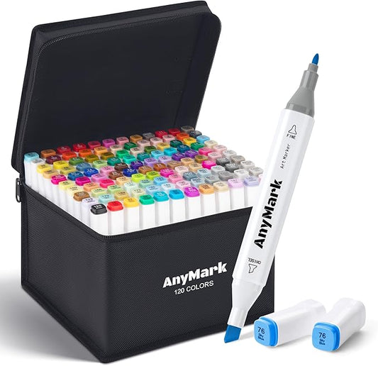 AnyMark Alcohol Markers, 120 Colors Dual Tip Art Coloring Markers Set for Adult Book Drawing Sketching Painting, Chisel & Fine, White Penholder
