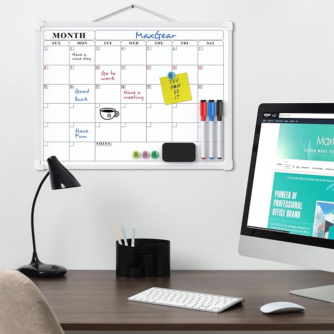 MaxGear Monthly Calendar Dry Erase Board for Wall, 16"x12" Small Hanging Double-Sided White Board, Portable Whiteboard for Planning, Drawing, Memo, to Do List, School, Home, Kitchen, Office
