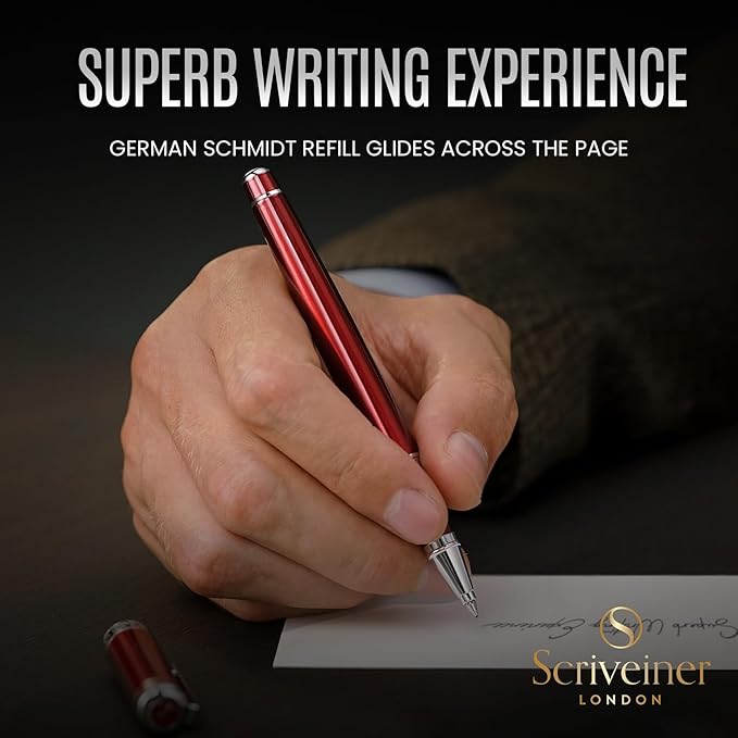 Scriveiner Personalized Deep Crimson Red Rollerball Pen - Stunning Red Lacquer Luxury Pen with Chrome Finish, Schmidt Ink Refill, Engraved Roller Ball Gift Set for Men & Women, Custom Name Engraving