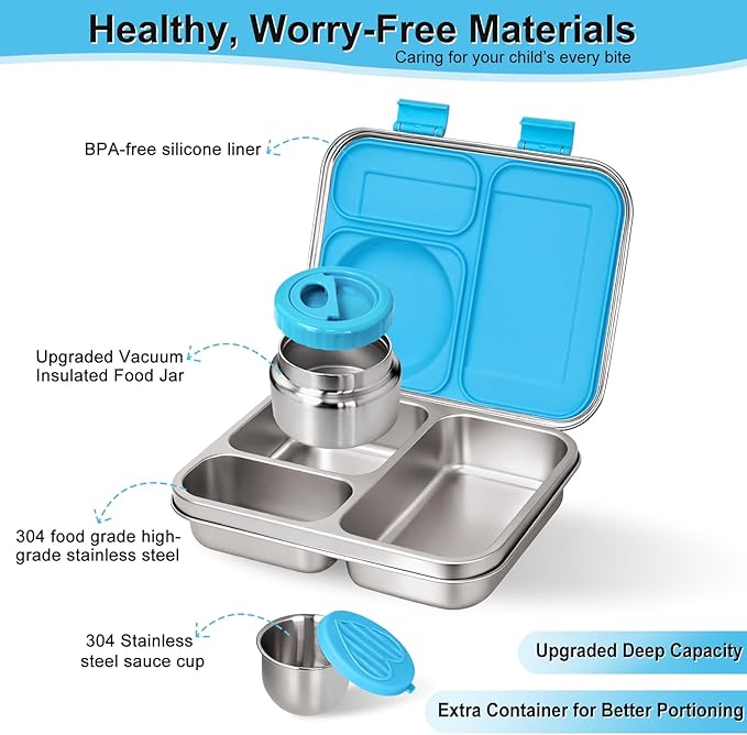 Stainless Steel Bento Lunch Box：7+ Older Kids，Teens ＆ Adult with Insulated Food Jar,Leakproof 3-Compartment,BPA-Free, Eco-Friendly,Dishwasher Safe, Large-Capacity Box, School,Office,Travel （Blue)