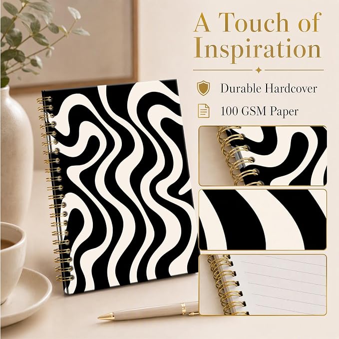ATJFKIXL Cute Spiral Journal Notebook, A5 120 Page College Ruled Wirebound Notebook, Soft Cover for Students Office Notes and Planning - Black White Wave