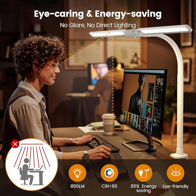 SIBRILLE Upgraded LED Desk Lamp for Home Office with RGB, Rotatable Computer Desk Light with Remote, Tall Table Lamp with Clamp for Working, Dimmable Dual Head Task Lighting for Monitor PC, 22W