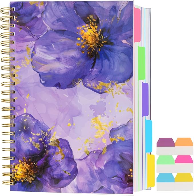 5 Subject Notebook College Ruled, A5 Spiral Notebook with Removable Pocket Dividers Tabs, Lined Organizer Notebook Journal for Women, 240 Pages Notebooks for Work School Note Taking, Purple Floral