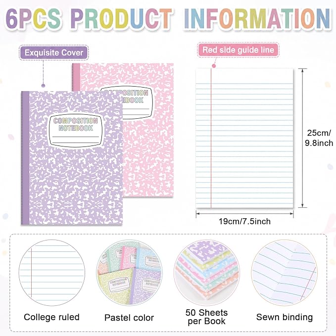 6 Pack Large Composition Notebooks Bulk 9.8 × 7.5 in Wide Ruled Hard Cover Composition Book Assorted Marble Journal College Ruled Paper for Adult Student College Office Back to School Supplies(Pastel)