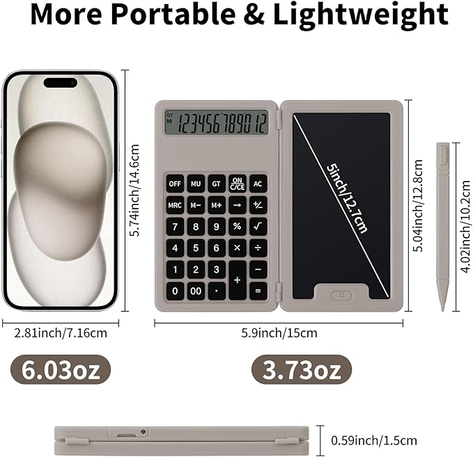 Desk Portable Basic Calculator, Small Mini Calculators with Writing Notepad and Stylus, More Lightweight and Portable, 12Digit Large Display Multi-Function for Office, School, Home & Financial (Khaki)