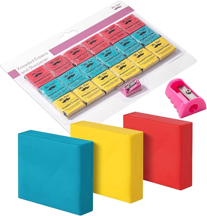 Mr. Pen- Kneaded Eraser Set, 18 Pack, Colorful Moldable Art Erasers with Storage Cases & Sharpener, Soft Kneadable Erasers for Charcoal, Graphite, Pencil & Pastel Drawing