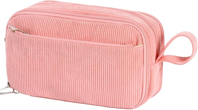 BuyCard Pink Corduroy Pencil Case, Large Capacity, Casual Style, Zipper Pouch Organizer for Teen Girls, Cute Stationery Storage and Organizer, Supplies for Teen and Adult Girls