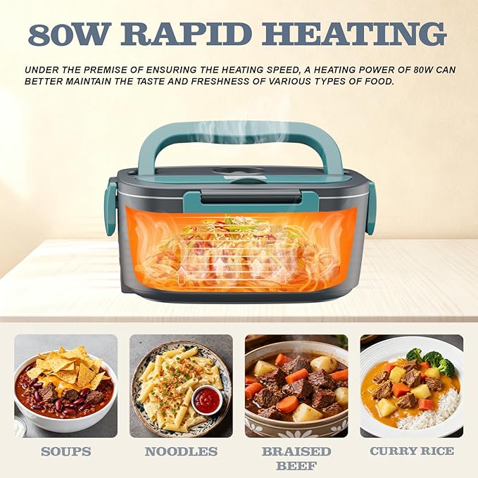 Buddew Electric Heated Lunch Box, 80W Fast Heating, 1.5L Food-Grade 304 Stainless Steel, 12V/24V/110V Portable Food Warmer for Car Truck Office Adults, Lonchera Electrica Portatil (Blue)