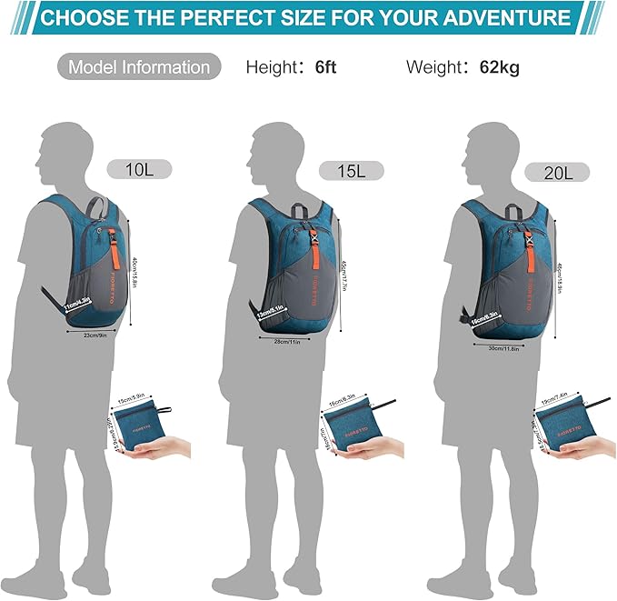 FIORETTO 10L/15L/20L Hiking Backpack for Women Men Mini Packable Backpack Lightweight Small Daypack for Travel Camping