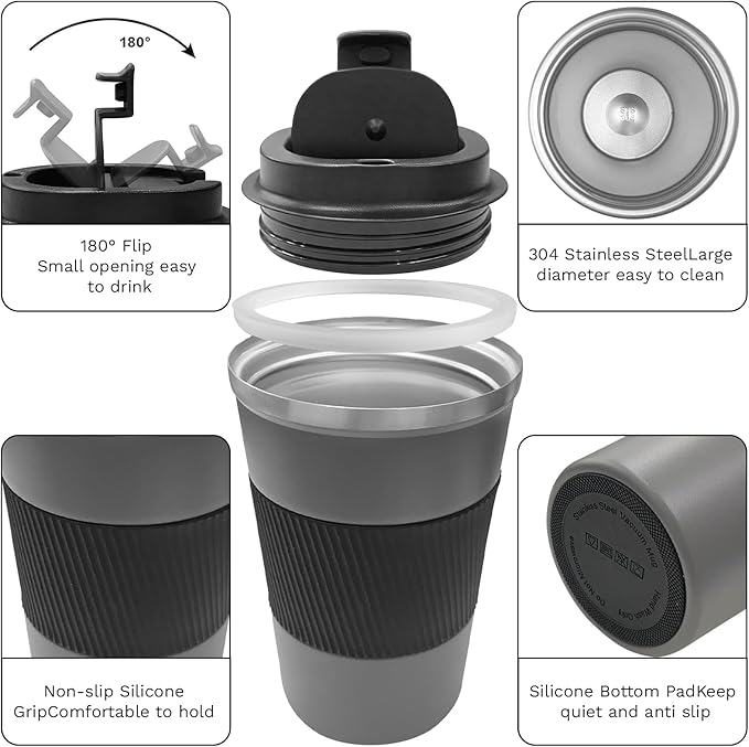 YINBAOGE Insulated Travel Coffee Mug, Spill & Leak Proof, Portable To Go Camping Stainless Steel Coffee Tumbler, Reusable Thermal Coffee Cup with Lid for Hot & Cold Drinks (Grey, 12 OZ)
