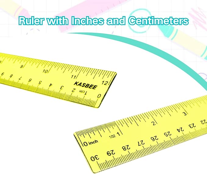 12 Inch Clear Ruler, Kids Ruler, School Ruler, Colored Plastic Rulers, in and cm, Pack of 7