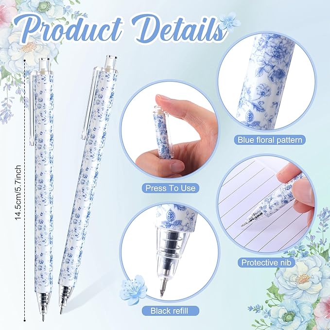 Resurhang 60 Pcs Blue and White Floral Ballpoint Pens 0.5 mm Black Ink Chinoiserie Gel Pens Vintage Aesthetic Retractable Ballpoint Office School Supplies for Bridal Baby Shower Wedding