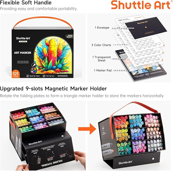 Shuttle Art Brush Tip Alcohol Markers, Dual Tip Brush & Fine Tip Art Marker Set, 121 Colors Marker Pens with Organized Case Perfect for Illustration Students Adults Coloring Sketching