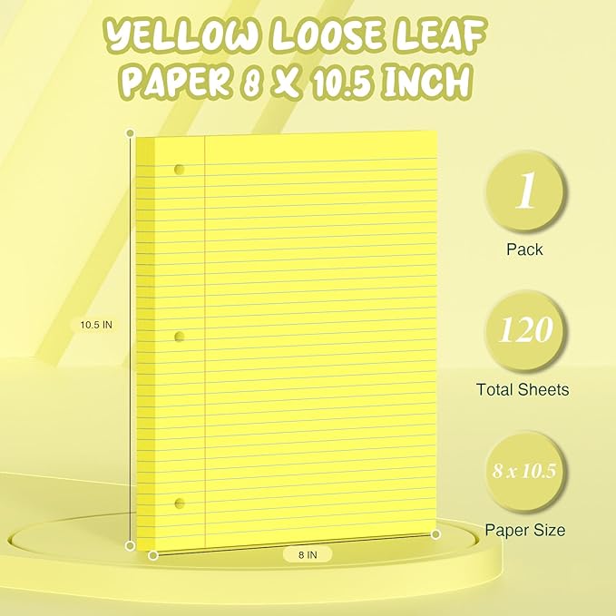 Yellow Loose Leaf Paper 8 x 10.5, 120 Sheets Lined Paper College Ruled Paper, 3 Hole Punched Notebook Paper College Ruled, 3 Ring Binder Paper 8 x 10.5, Filler Paper College Ruled for Office, School