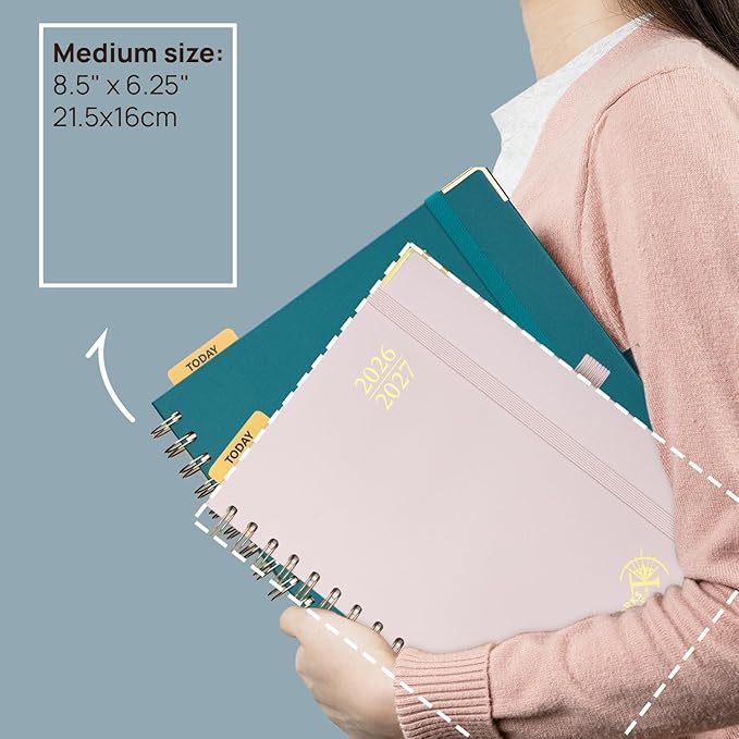 POPRUN Monthly Planner 2026-2027 Spiral Hardcover (6.25'' x 8.5''), 18 Months Calendar (Jan.2026-Jun.2027) - 2 Pages per Month with Dotted Note Pages, Sunday Start, Laminated Tab - Black