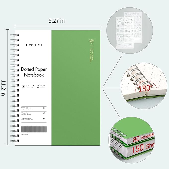 EMSHOI Dotted Journal Spiral Notebook, 300 Pages, A4 Large 8.27"x11.2", 100 GSM Thick Paper, Flexible Plastic Cover, 5mm Dot Grid Notebook for Journaling, Planning, Drawing, Writing, Green