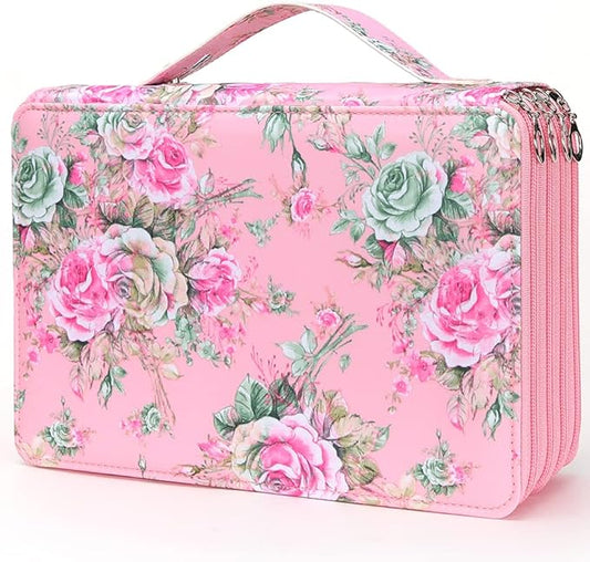 Vomgomfom 200 Slots Pencil Bag, 4-Layer Zipper Portable Art Supply Organizer, PU Leather Large Capacity Colored Pencil Case with Handle for 200 Watercolor Pens, Gel Pens (Pink Rose)