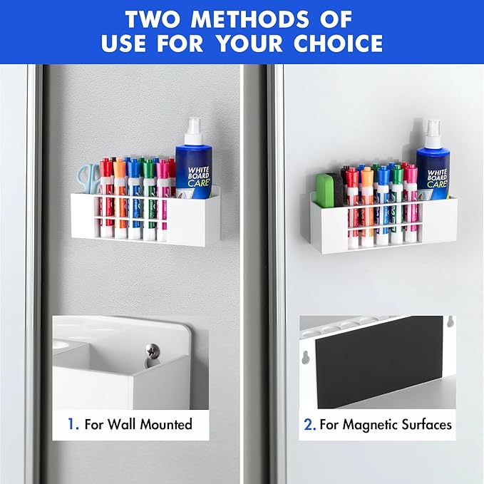 Magnetic Dry Erase Marker Holder for Whiteboard, Wall Mount Pen Holder for Refrigerator, Clear Pencil Holder for Fridge, Strong Magnet Locker Organizer for Classroom(White)