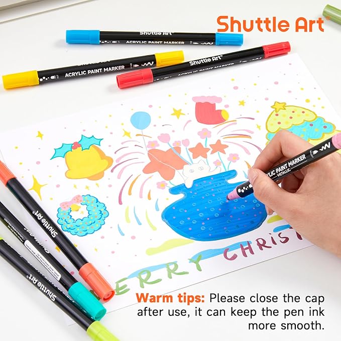 Shuttle Art 28 Colors Dual Tip Acrylic Paint Markers, Brush Tip and Dot Tip Acrylic Paint Pens for Rock, Ceramic, Wood, Canvas, Plastic, Glass, Stone, Calligraphy, Card Making, DIY Crafts