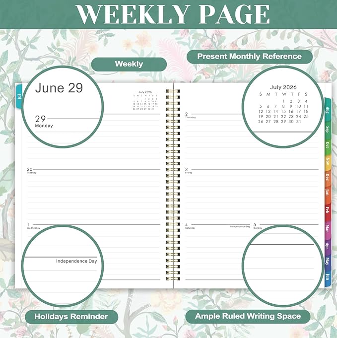 Planner 2026-2027 - Academic Planner, 9" x 11", Jul. 2026 - Jun. 2027, 2026-2027 Planner Weekly and Monthly with Colorful Tabs, Strong Twin-wire Binding, Back Pocket - Floral
