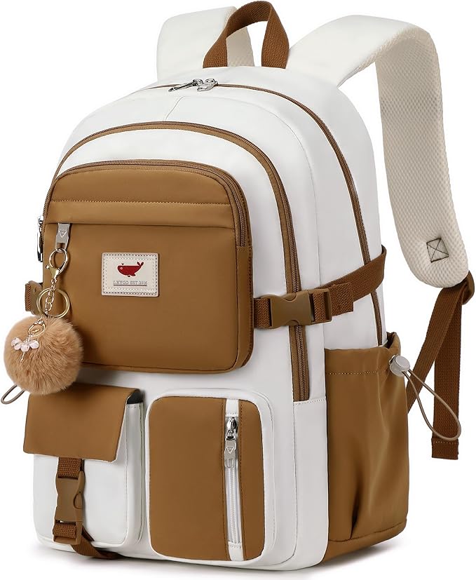 LXYGD Laptop Backpack 15.6 Inch Kids Elementary Middle High School Bag College Backpacks Anti Theft Travel Back Pack Large Bookbags for Teens Girls Women Students (Beige Khaki)