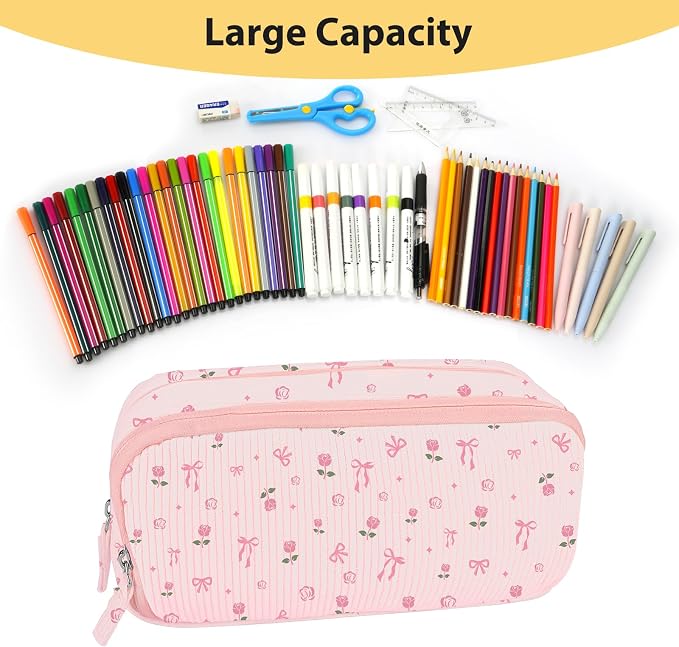 FINPAC Pencil Case, Corduroy Triangle Makeup Bag, Kawaii Pen Bag Pouch Holder Box Organize for Study, Office, or Travel (Pink Rose Bow 2)