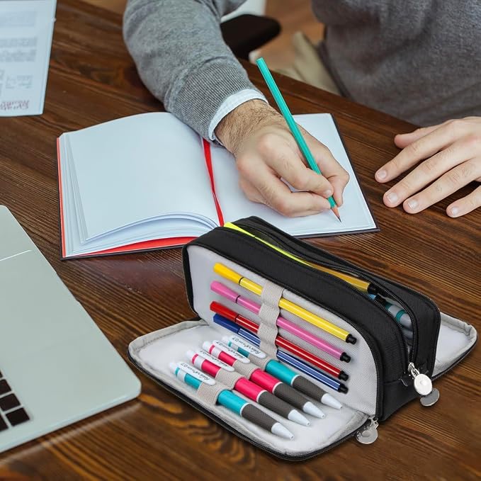 Chelory Big Capacity Pencil Case Large Storage Pencil Bag Pouch Marker 3 Compartment Stationery Pen Cases Holder for Adults Office Organizer Gifts