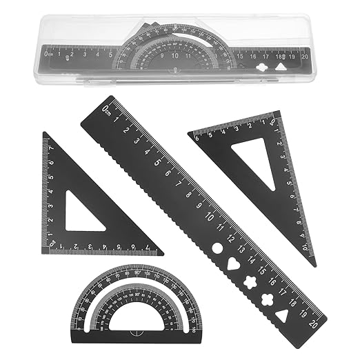 PATIKIL 4 Pcs Geometry Drafting Tool, Aluminum Alloy Geometry Kit Math Tool Includes 20cm L Ruler Protractor Triangles for Drafting Angle Measure Simple Science Experiment, Black