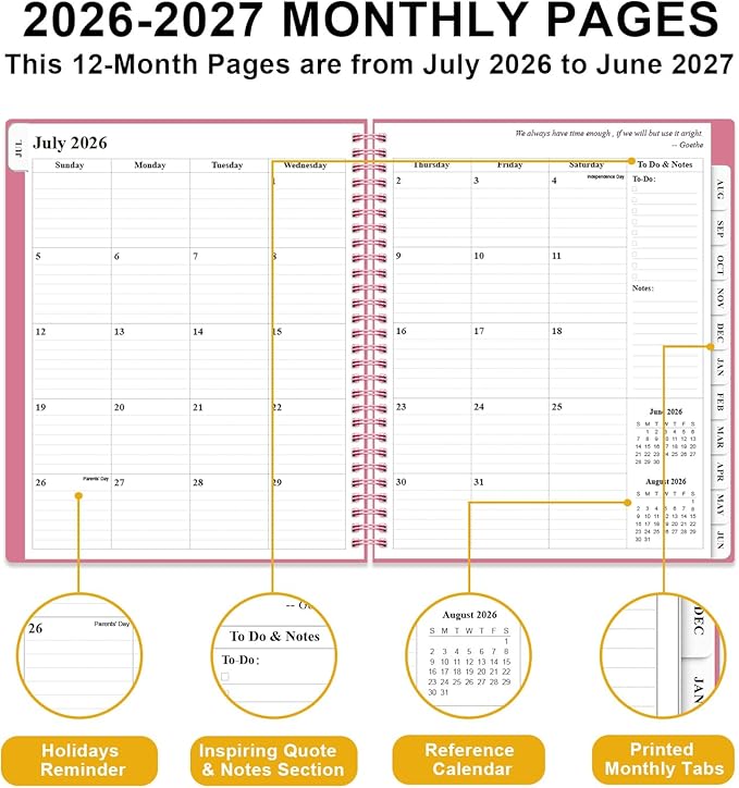 Academic Planner 2026-2027 - Weekly & Monthly Planner from July 2026 to June 2027, Agenda 2026 2027 with Inner Pocket, Elastic Band, 8.5" x 11", Pink