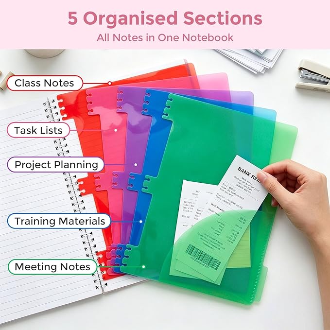 Subject Notebook Wide Ruled, 8.5x11inch Hardcover 5 Subject Lined Spiral Notebook with Dividers Tabs for School Women Journal Note Taking Office Supplies, 220 Pages, Pink
