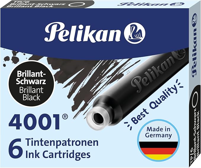 Pelikan 4001 TP/6 Ink Cartridges for Fountain Pens, Brilliant Black, 0.8ml, 6 Pack (301218)