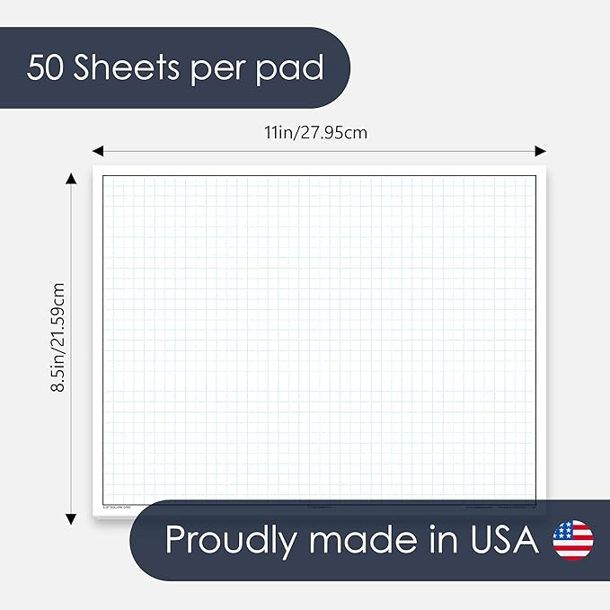 GeekNavy 8.5" x 11" Quadrille Graph Paper 50 Sheets Landscape - 0.25" 4x4 Square Grid, Blueprint, High Brightness, Border-Outlined, Drafting (3-Pack)