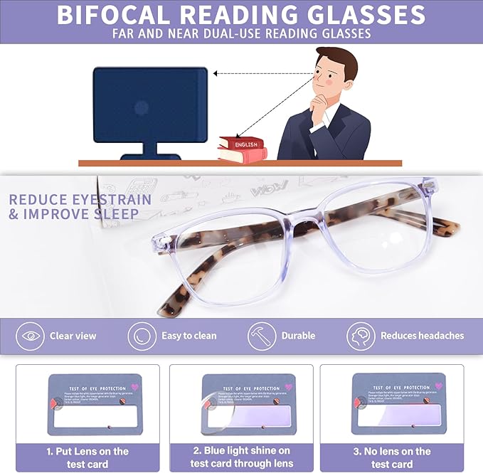 Bifocal Reading Glasses for Women, Blue Light Blocking Computer Readers with Spring Hinges, Retro Square Frame
