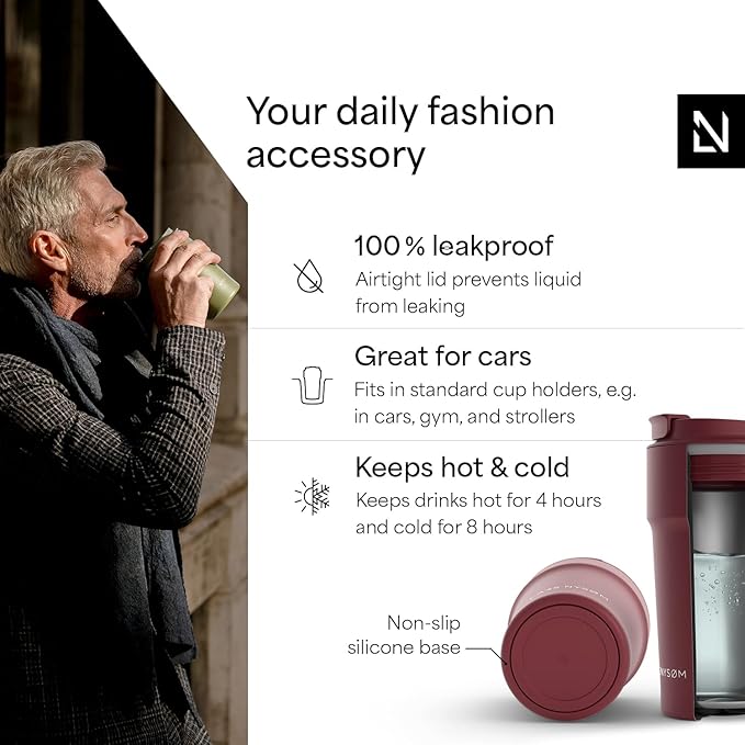 LARS NYSØM Thermo Coffee Mug to go 17oz | Travel Mug 0.5 Liter with Insulation | Silicone grip base | Leak Proof Stainless Steel Tumbler for Coffee and Tea on the Go (Powder Berry Red, 17oz)