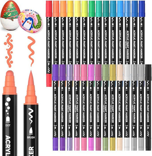 Shuttle Art 28 Colors Dual Tip Acrylic Paint Markers, Brush Tip and Dot Tip Acrylic Paint Pens for Rock, Ceramic, Wood, Canvas, Plastic, Glass, Stone, Calligraphy, Card Making, DIY Crafts