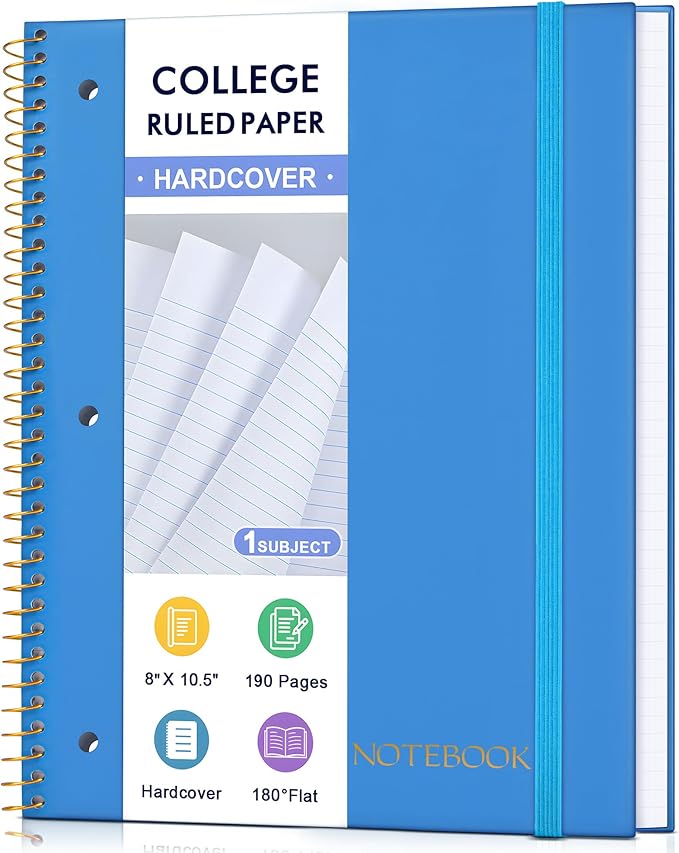 MUAHLIUB Spiral Notebook College Ruled Paper 8" x 10-1/2", 1 Subject Spiral Notebook, 3-Hole Punched Perforated Pages Ideal for School, Office, Writing, 95 Sheets Lined Journaling Notebook, Blue