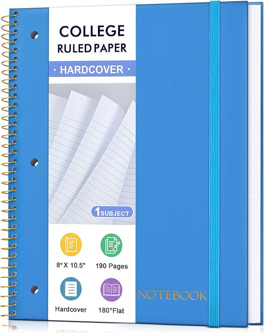 MUAHLIUB Spiral Notebook College Ruled Paper 8" x 10-1/2", 1 Subject Spiral Notebook, 3-Hole Punched Perforated Pages Ideal for School, Office, Writing, 95 Sheets Lined Journaling Notebook, Blue