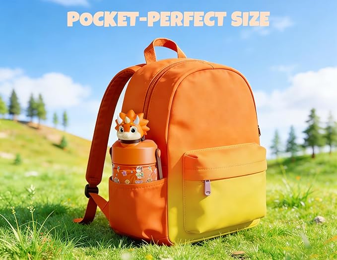 POWCAN 12 oz Kids Water Bottle Insulated: 2-in-1 Straw Spout Lid with Soft Animal Head, BPA-Free, Leakproof, Keep Cold 24H, Backpack Friendly, Stainless Steel Cup for School, Trip, Gift (Sunny Trike)