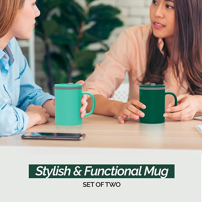 Copco Iconic 16oz Double Wall Insulated Desk Mug with Lid & Handle, Set of 2, BPA-Free Reusable Plastic, Spill-Resistant, Microwave & Dishwasher Safe, Wide Mouth (Green/Hunter Green)