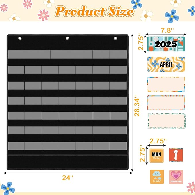 Classroom Calendar Pocket Chart – Boho Retro Groovy Bulletin Board Set with 103 Cards for Preschool, School Schedule, Teacher Must Haves, Kids Class Decor, Back to School