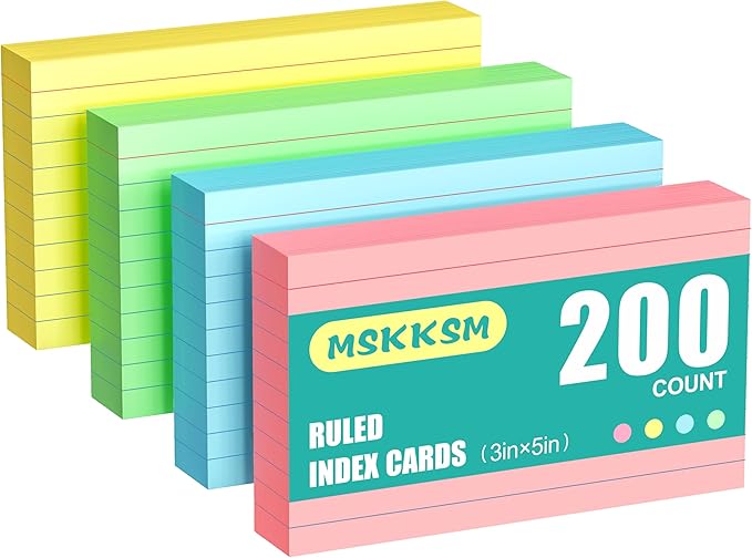 Colored Index Cards 3x5 Inch - 200 Count, Ruled Index Flash Cards for Studying, Lined Index Note Cards 3" x 5" Colorful, 180GSM Heavy Colored Flashcards 3x5 Notecards for Office, Home, School Supplies