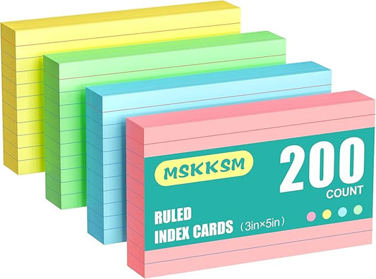 Colored Index Cards 3x5 Inch - 200 Count, Ruled Index Flash Cards for Studying, Lined Index Note Cards 3" x 5" Colorful, 180GSM Heavy Colored Flashcards 3x5 Notecards for Office, Home, School Supplies