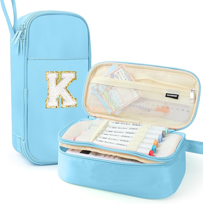 Large Pencil Case,Big Capacity Pencil Pouch,Personalized Initial Pencil Bag with smooth zipper,Multiple Pockets,Cute Aesthetic Stationery Pen Case Bag for Teen Girls College (Blue, K)