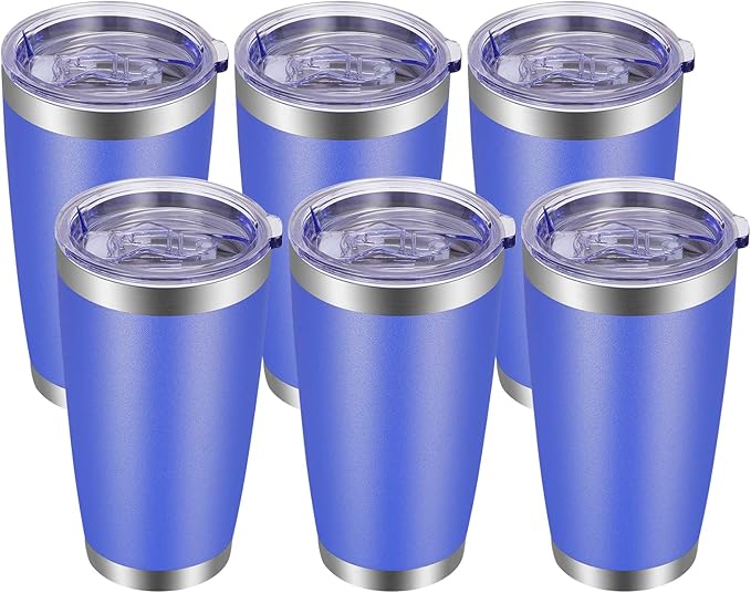 VEGOND 20oz Tumbler with Lid and Straw Stainless Steel Tumbler Cup Bulk Vacuum Insulated Double Wall Travel Coffee Mug Powder Coated Coffee Cup, Blue, 6 Pack