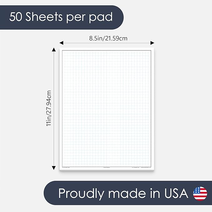 GeekNavy 8.5" x 11" Quadrille Graph Paper 50 Sheets Portrait - 0.25" 4x4 Square Grid, Blueprint, High Brightness, Border-Outlined, Drafting (3-Pack)