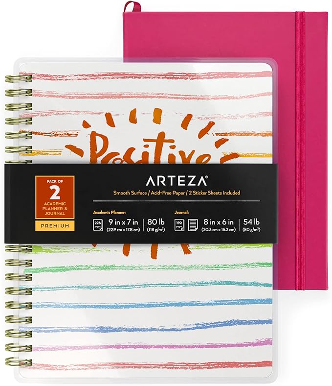 Arteza Academic Planner Bundle, Includes 9 x 7 Inches Planner, 6 x 8 Inches Lined Journal, and 2 Sticker Sheets, Office Supplies and College Essentials for Scheduling and Staying Organized